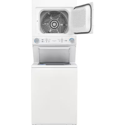 Frigidaire Quick Wash Dry Cycle, Maxfill Wash Cycle Gas Stacked Laundry Center with 3.9-cu ft Top load Washer and 5.6-cu ft Dryer White Model# FLCG7522AW