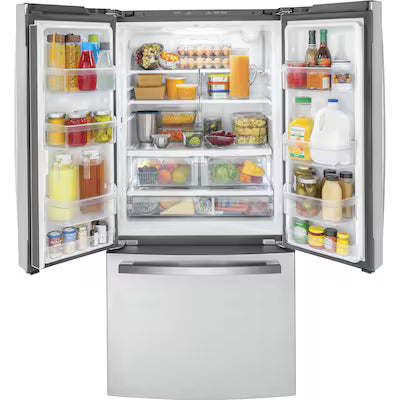 Coming Soon GE Counter-Depth 18.6-cu ft 3 -Door 33-in Wide French Door Refrigerator with Ice Maker with Water Dispenser ( Fingerprint-resistant Stainless Steel ) ENERGY STAR Certified Model# GWE19JYLFS